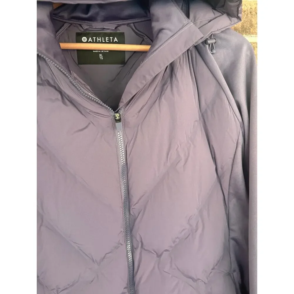 Athleta Inlet Down Puffer Jacket XL Nightfall Purple Zip Insulated Hood Puffy